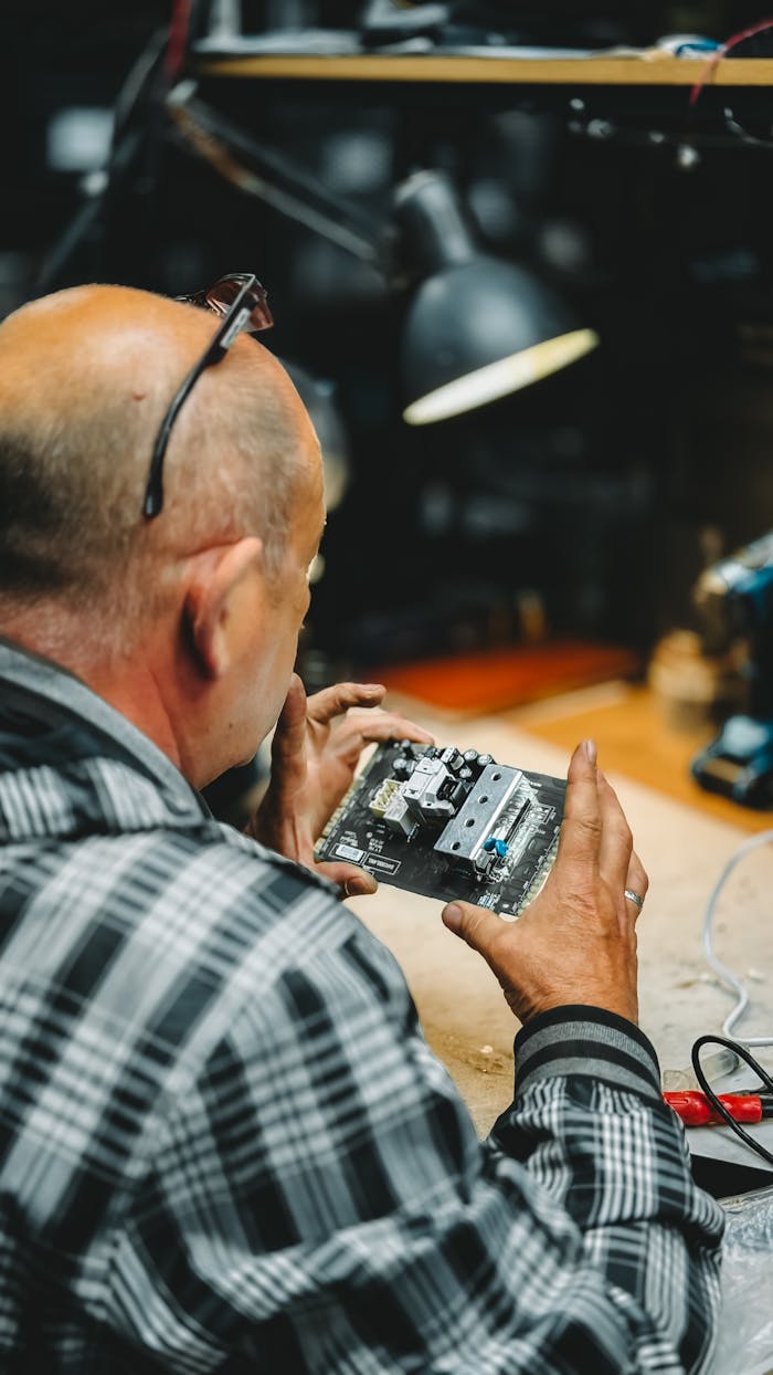 about-us A man carefully inspects a circuit board in a cluttered workshop environment.