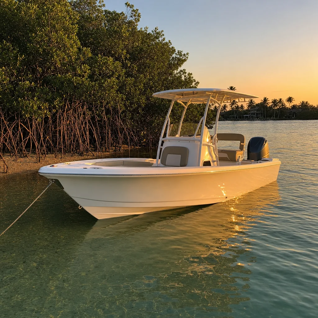 White recreational powerboat moored in shallow water at golden hour with red mangroves and palms visible along Stuart shoreline.