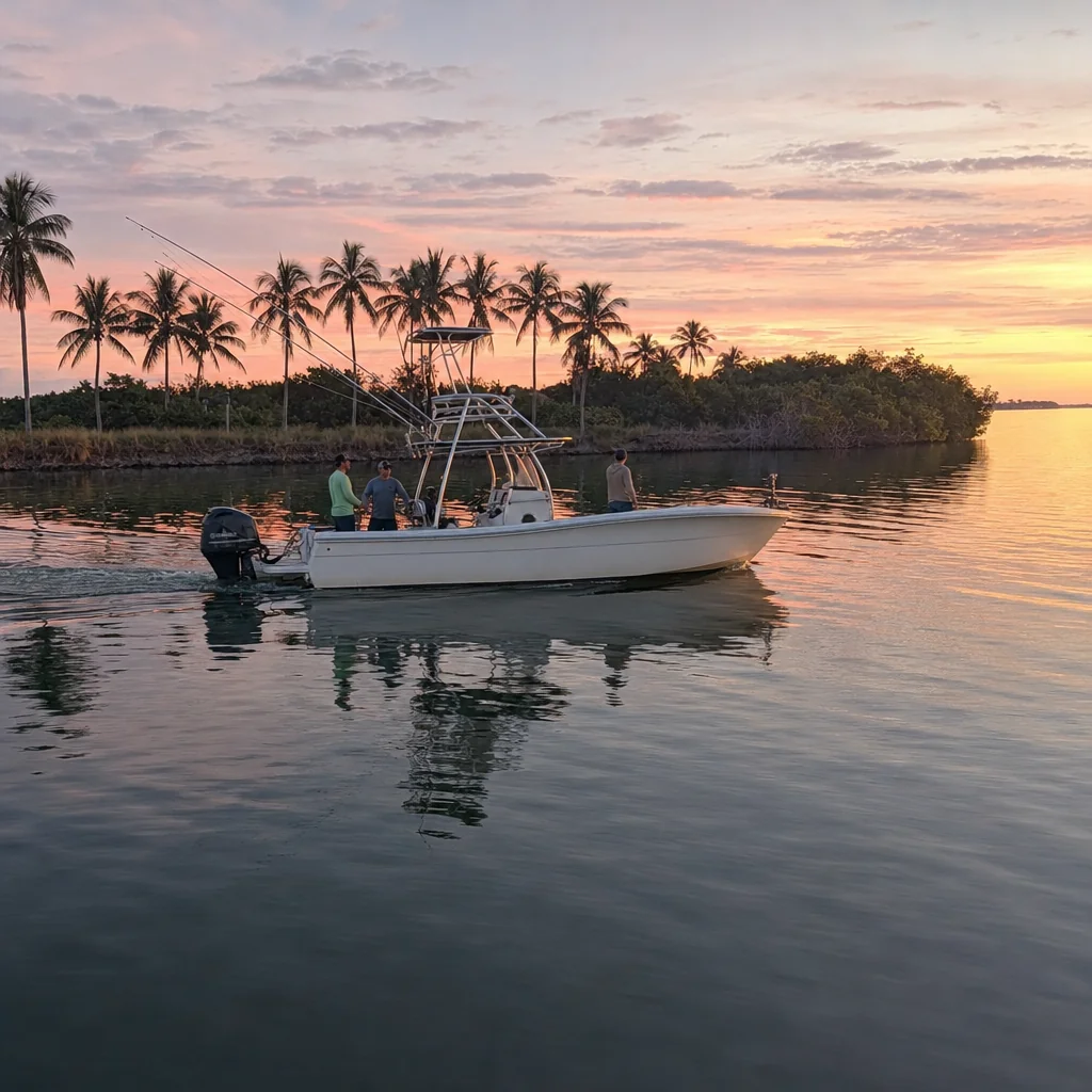 Recreational powerboat moored in calm Stuart waters at golden hour with mangrove shoreline and palm trees.