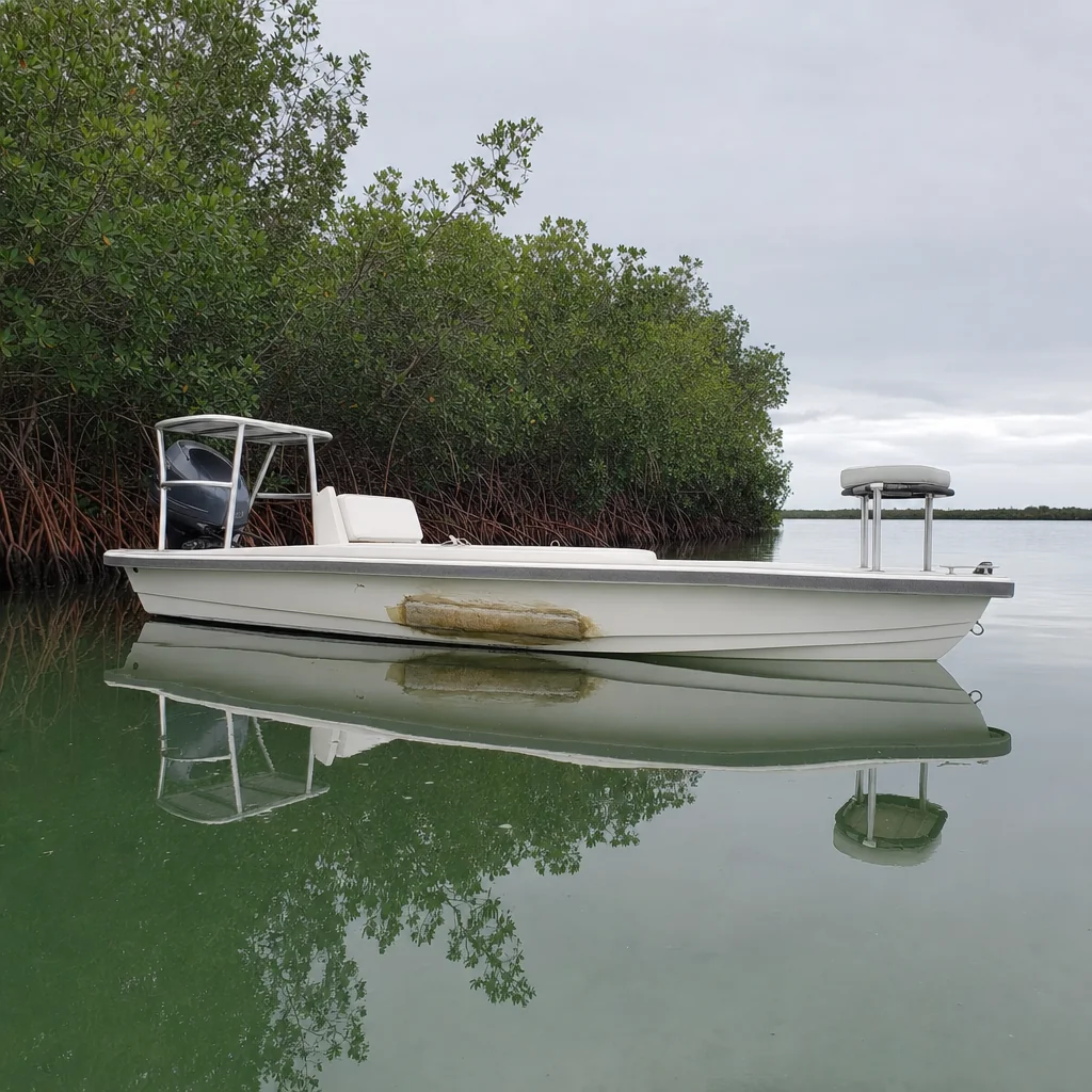 White recreational powerboat moored in calm mangrove-lined water with visible hull wear.