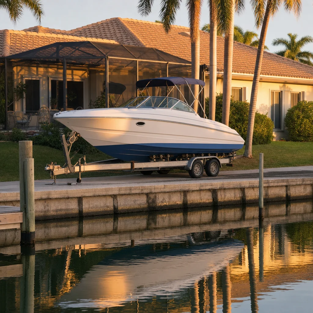 Recreational powerboat on trailer moored at waterfront property in Stuart, Florida residential area.