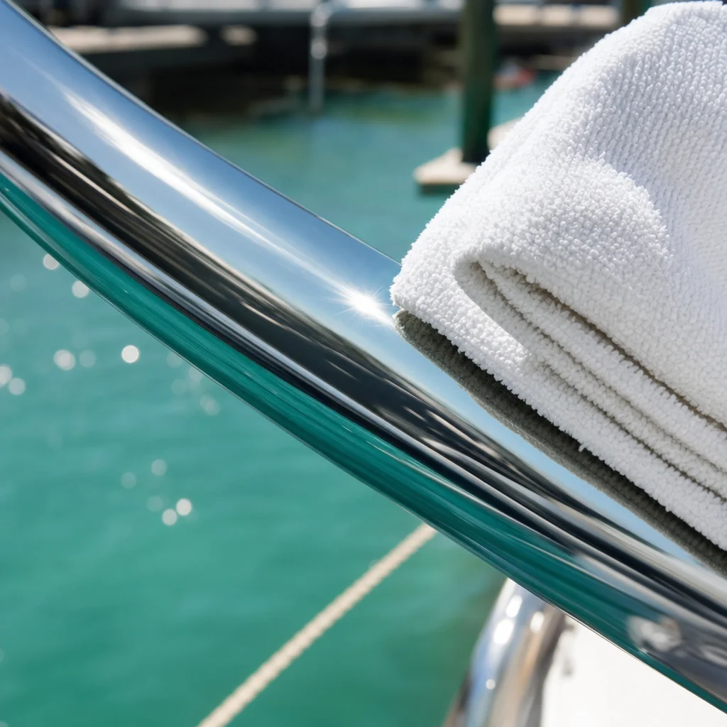 White microfiber towel draped over boat gunwale with turquoise water and marina dock visible.