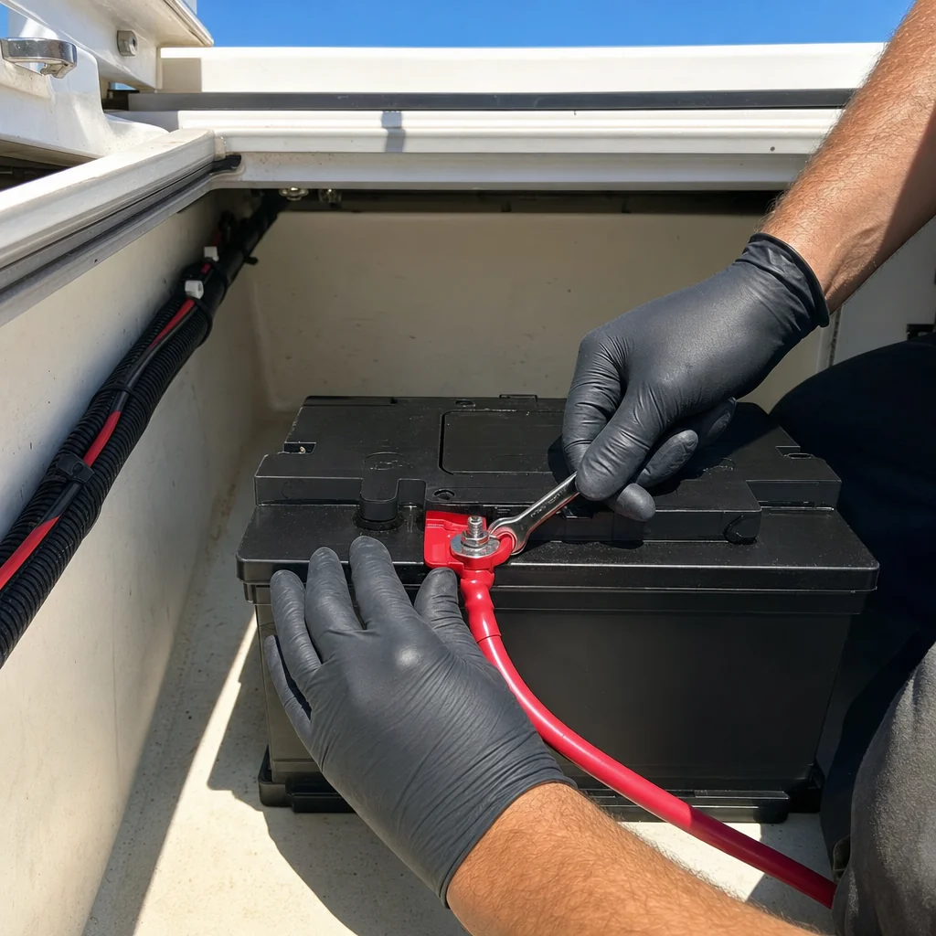 Mechanic in black gloves disconnecting red battery cable from marine battery installed in boat compartment.