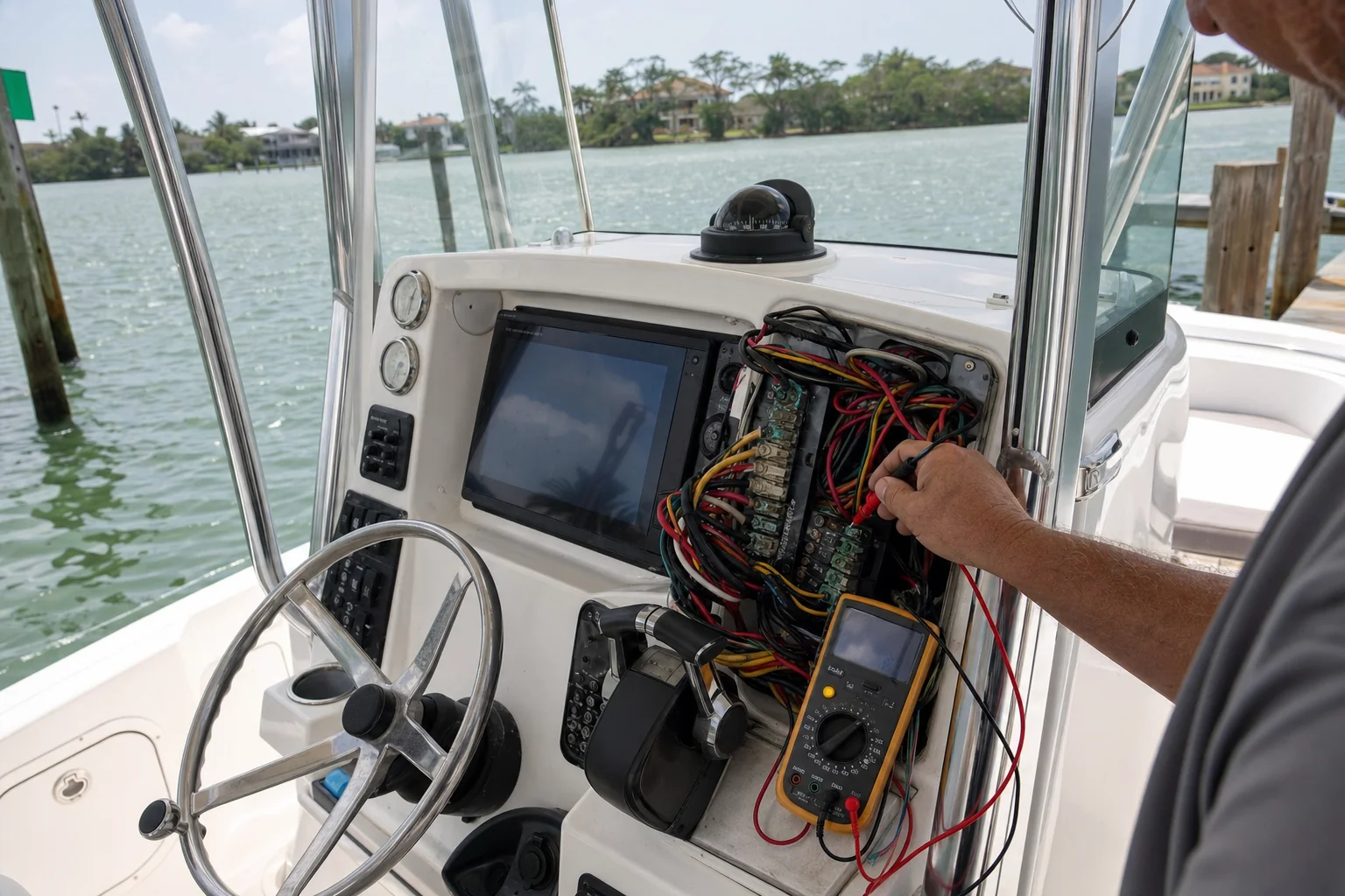 Marine electrician performs electrical diagnostics aboard boat in Stuart with multimeter and exposed wiring harness.