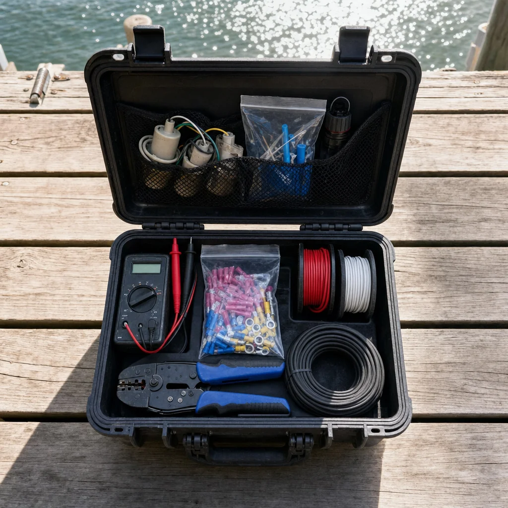 Mobile marine electrical diagnostic kit organized in weatherproof case on dock with water and moored boat visible.