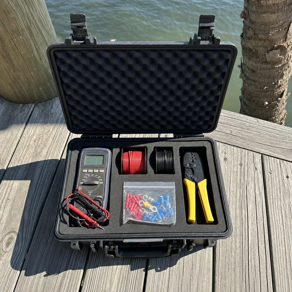 Marine electrical diagnostic kit with multimeter, wire spools, and connectors on dock in Stuart.