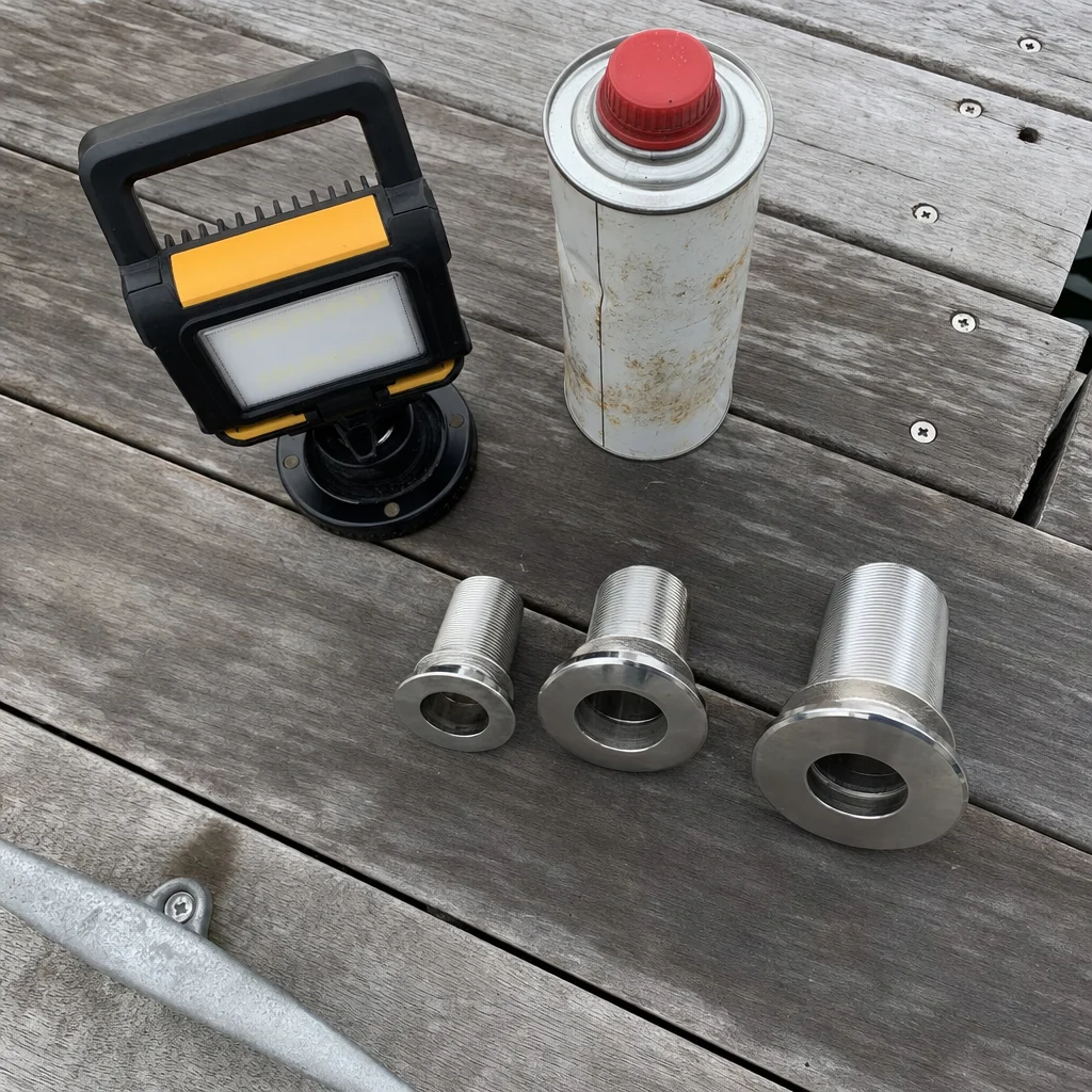 Marine engine components and diagnostic tools arranged on weathered dock decking.