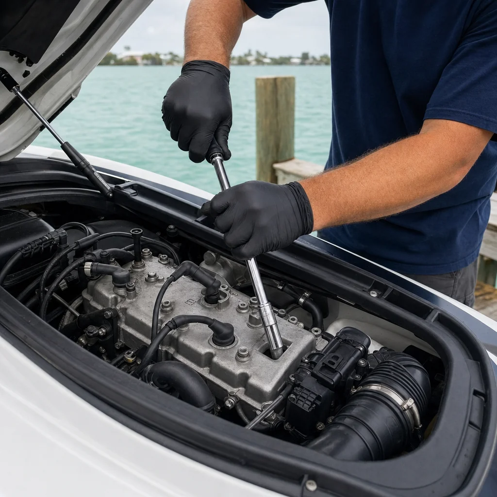 Mechanic in black gloves adjusts engine component on boat at Stuart waterfront dock.