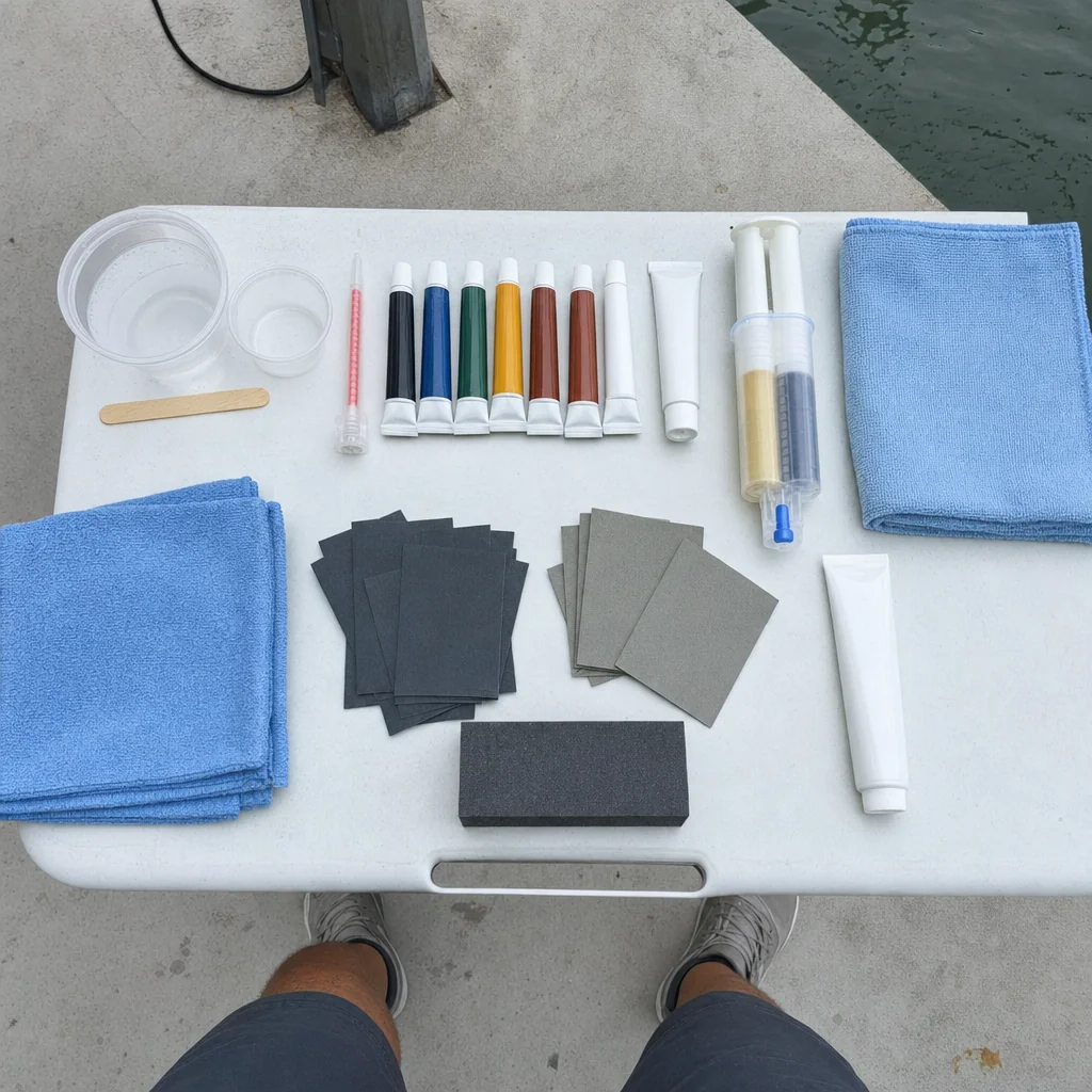Fiberglass repair materials and gel coat supplies laid out on white work table at marina dock.
