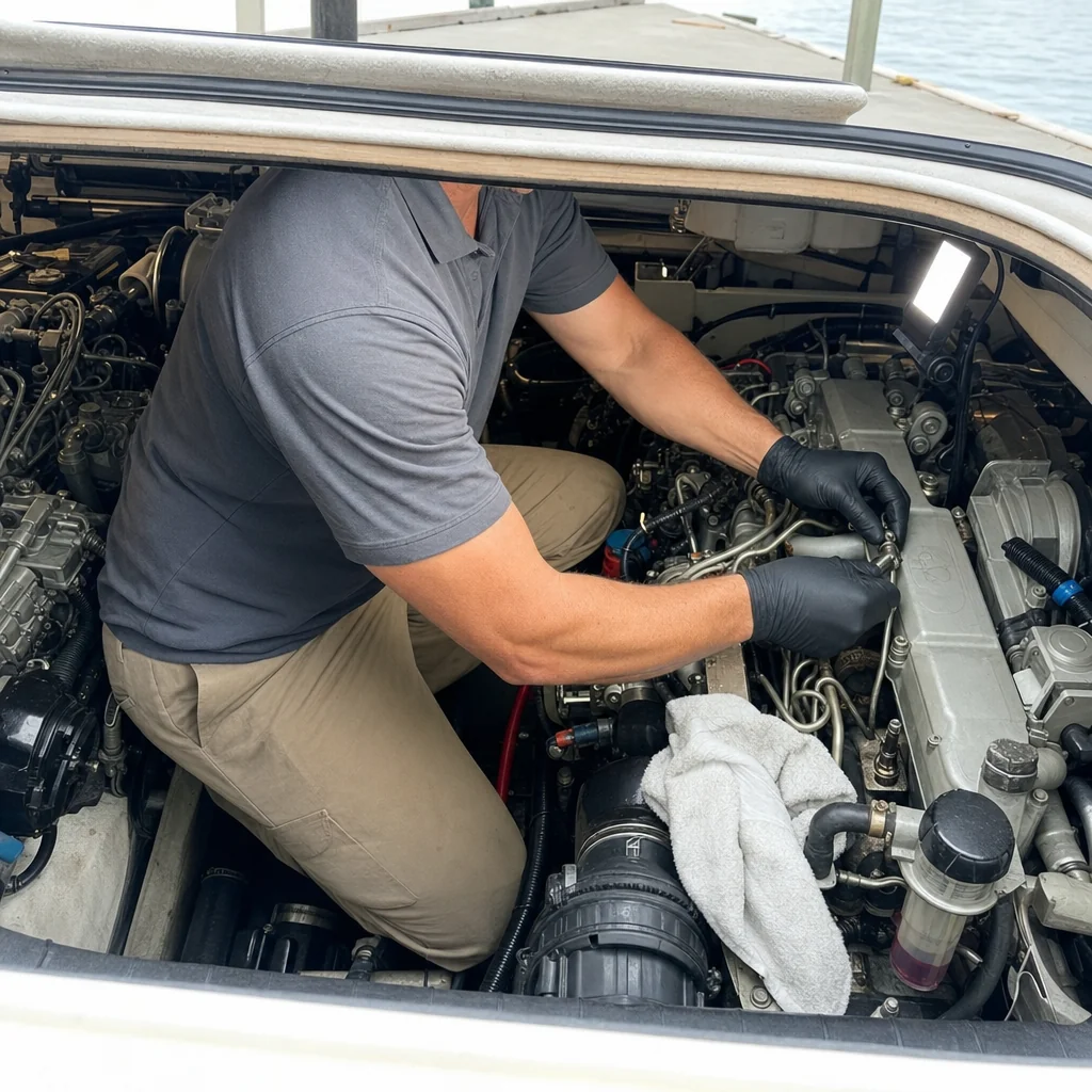 Mechanic in black gloves inspects inboard engine aboard boat at Stuart marina dock.