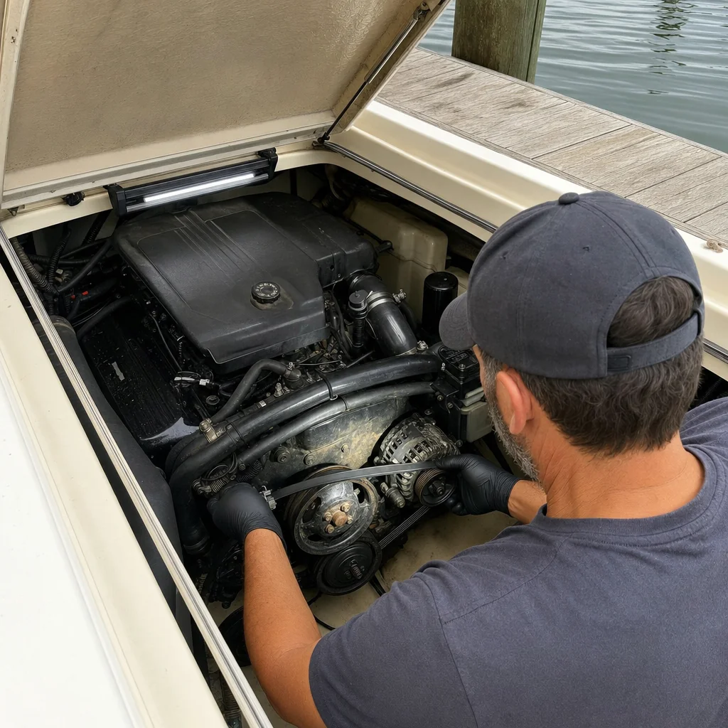 Mechanic inspects inboard engine in boat at Stuart marina dock.