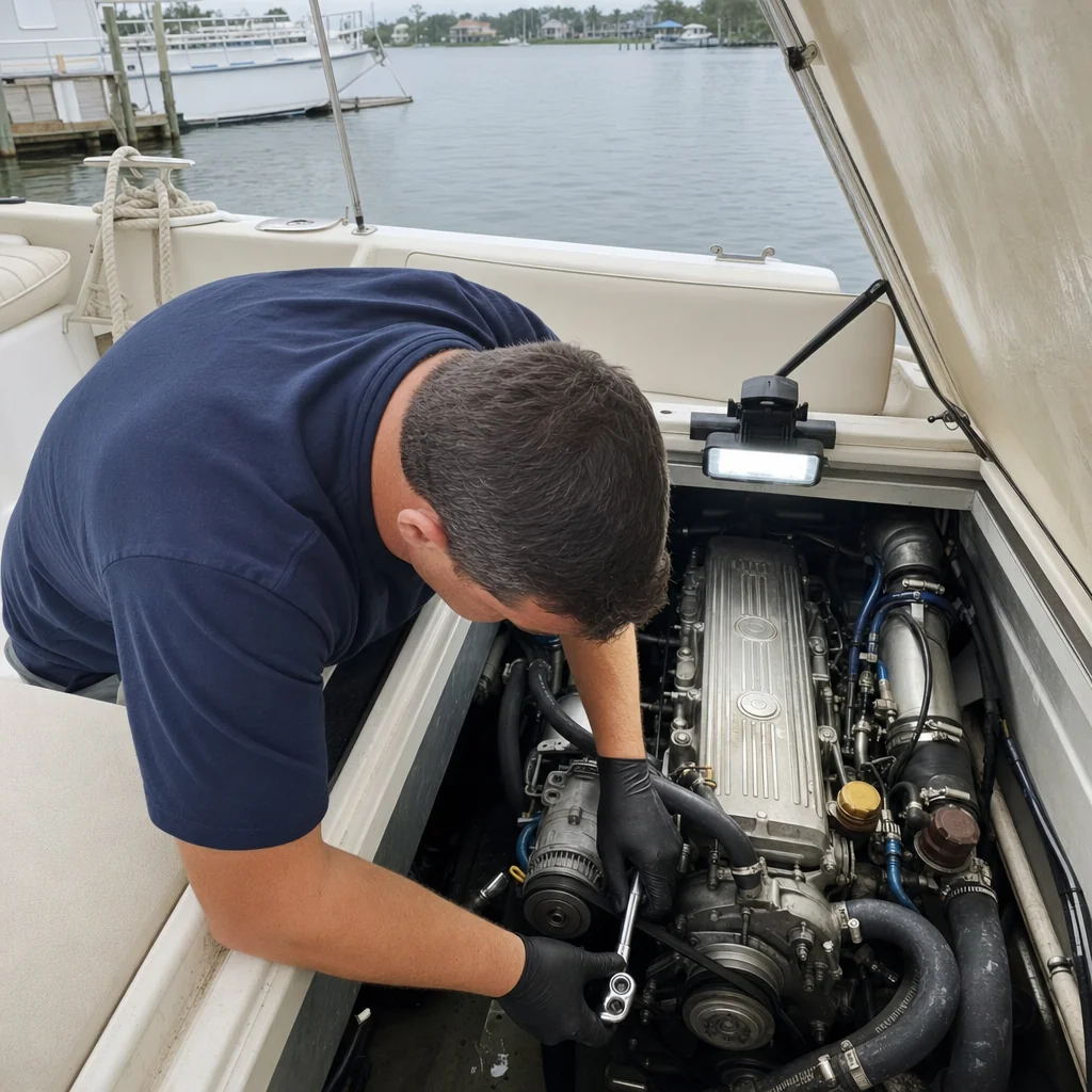 Marine mechanic inspects inboard engine aboard moored boat in Stuart waterway.