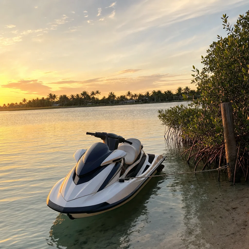 Jet ski moored in shallow water at sunset with mangroves and palm trees lining Stuart waterway.