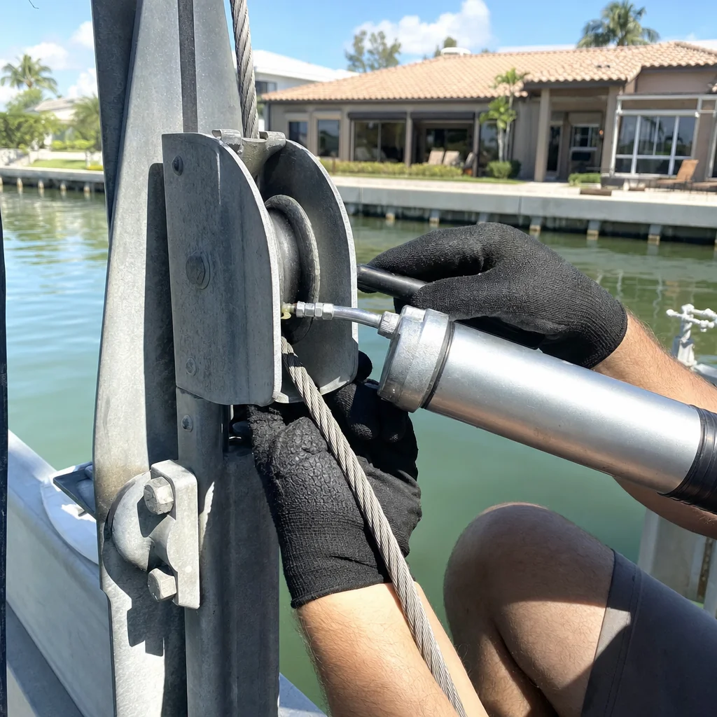 Mechanic's gloved hands tightening pulley hardware on boat dock mooring system in Stuart.