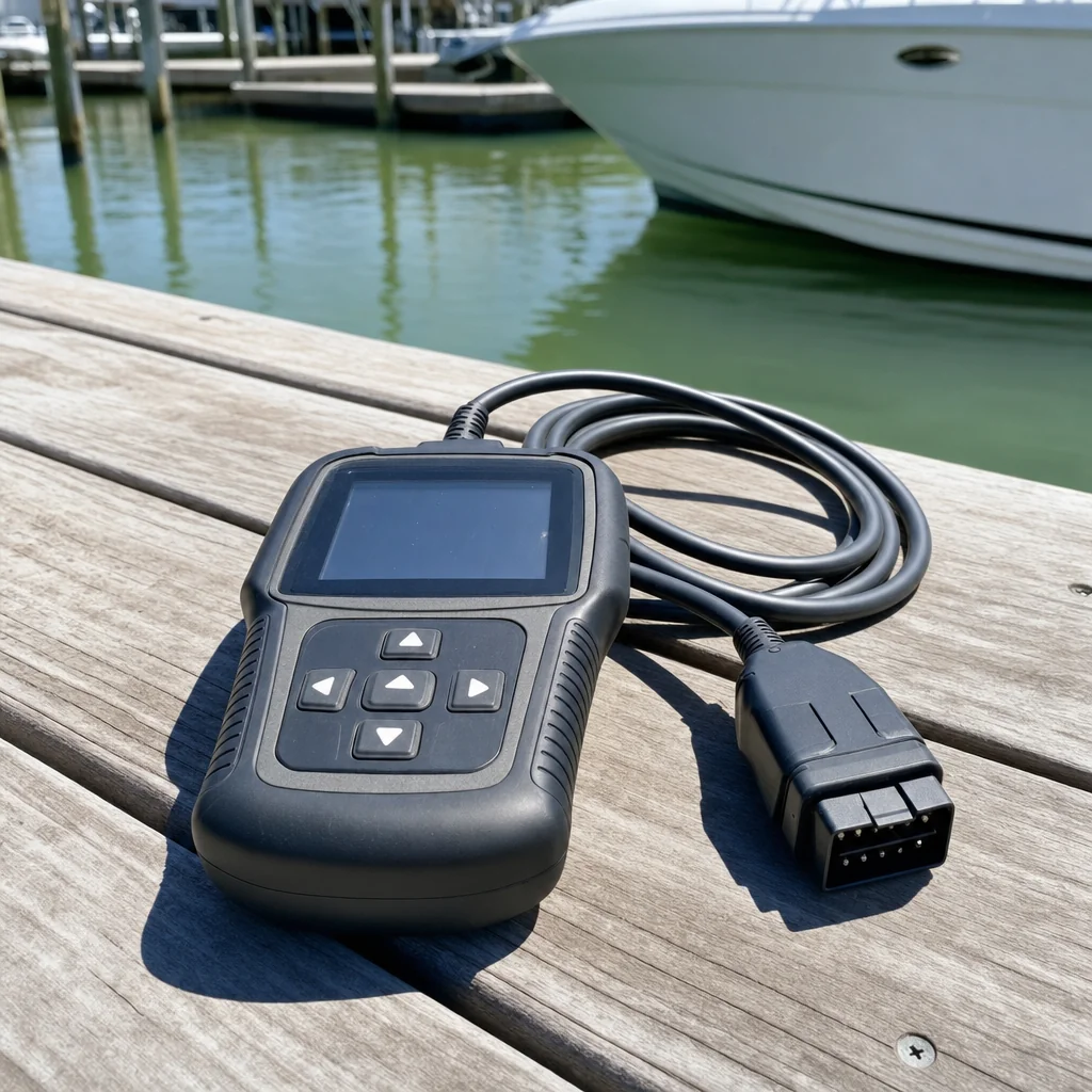 Marine diagnostic scanner on dock with moored boats and water in Stuart background.