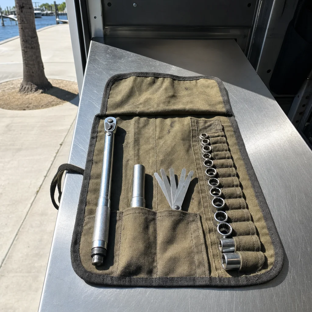 Socket wrench set and torque wrench displayed in canvas tool roll at Stuart marina dock.