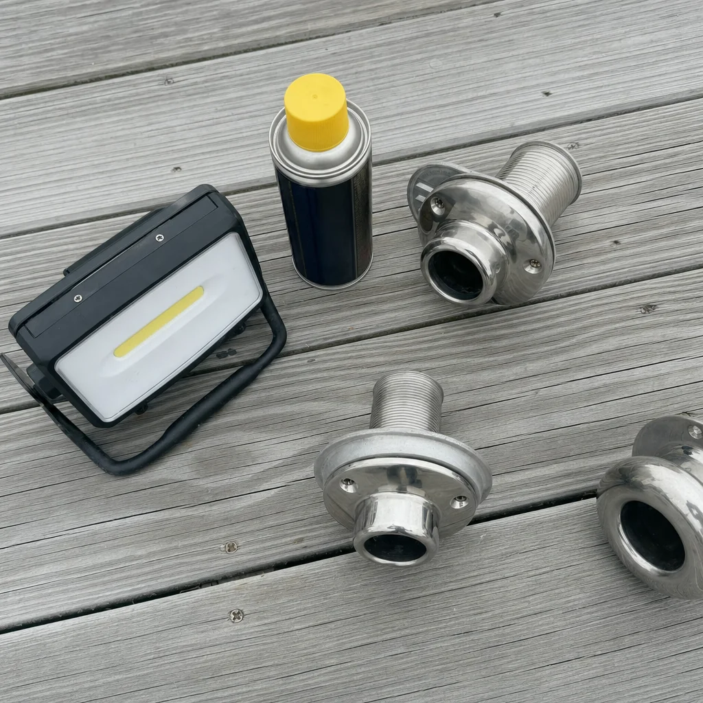 Marine through-hull fittings and maintenance supplies arranged on weathered dock decking.