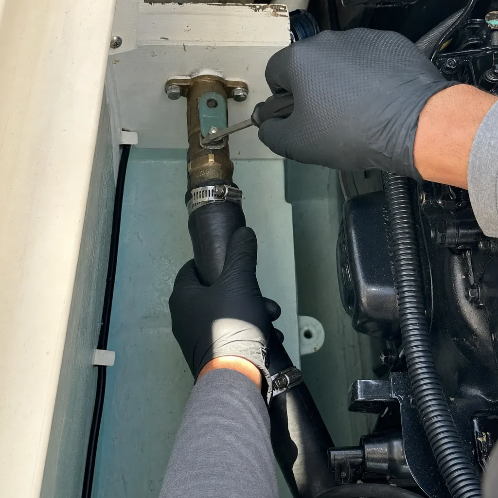Mechanic's gloved hands inspecting corroded marine through-hull fitting and hose connection aboard boat.