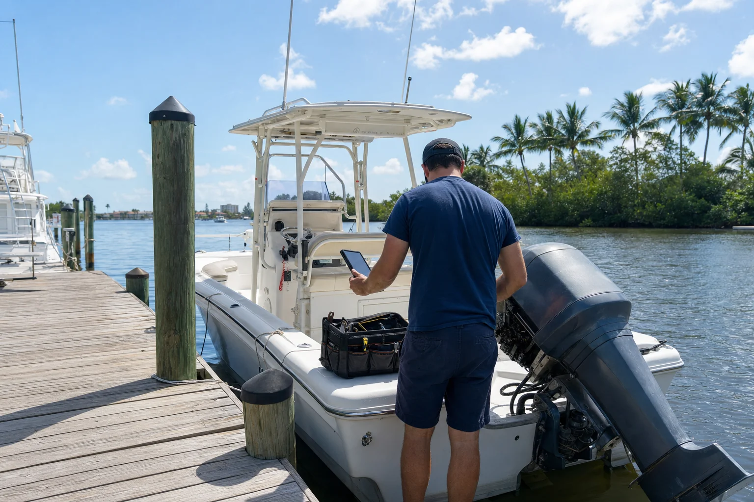 Mobile marine mechanic consulting diagnostic tablet aboard outboard-powered boat at Stuart marina dock.