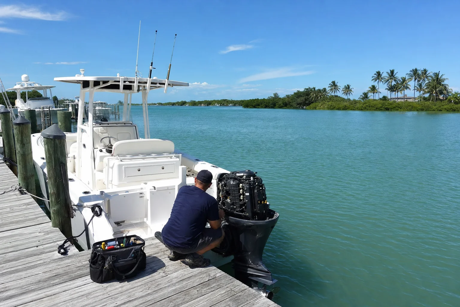 Mobile marine mechanic servicing outboard engine on boat at Stuart dock with turquoise water and palms.