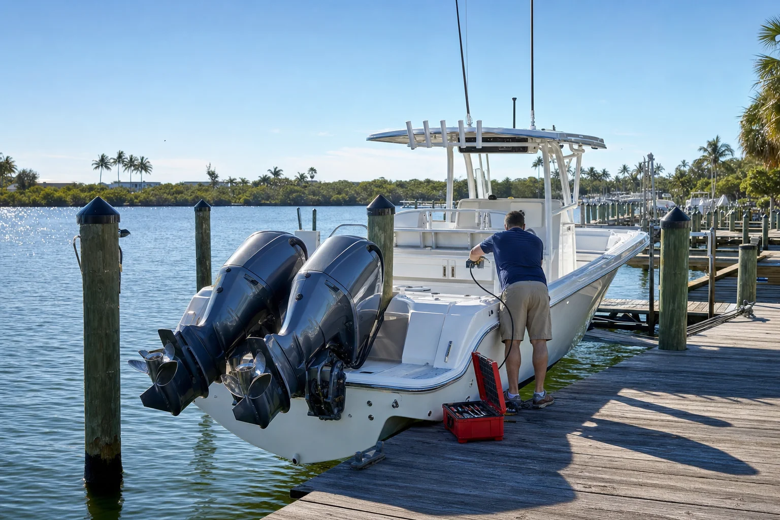 Mechanic working on dual outboard engines at marina dock in Stuart, Florida.