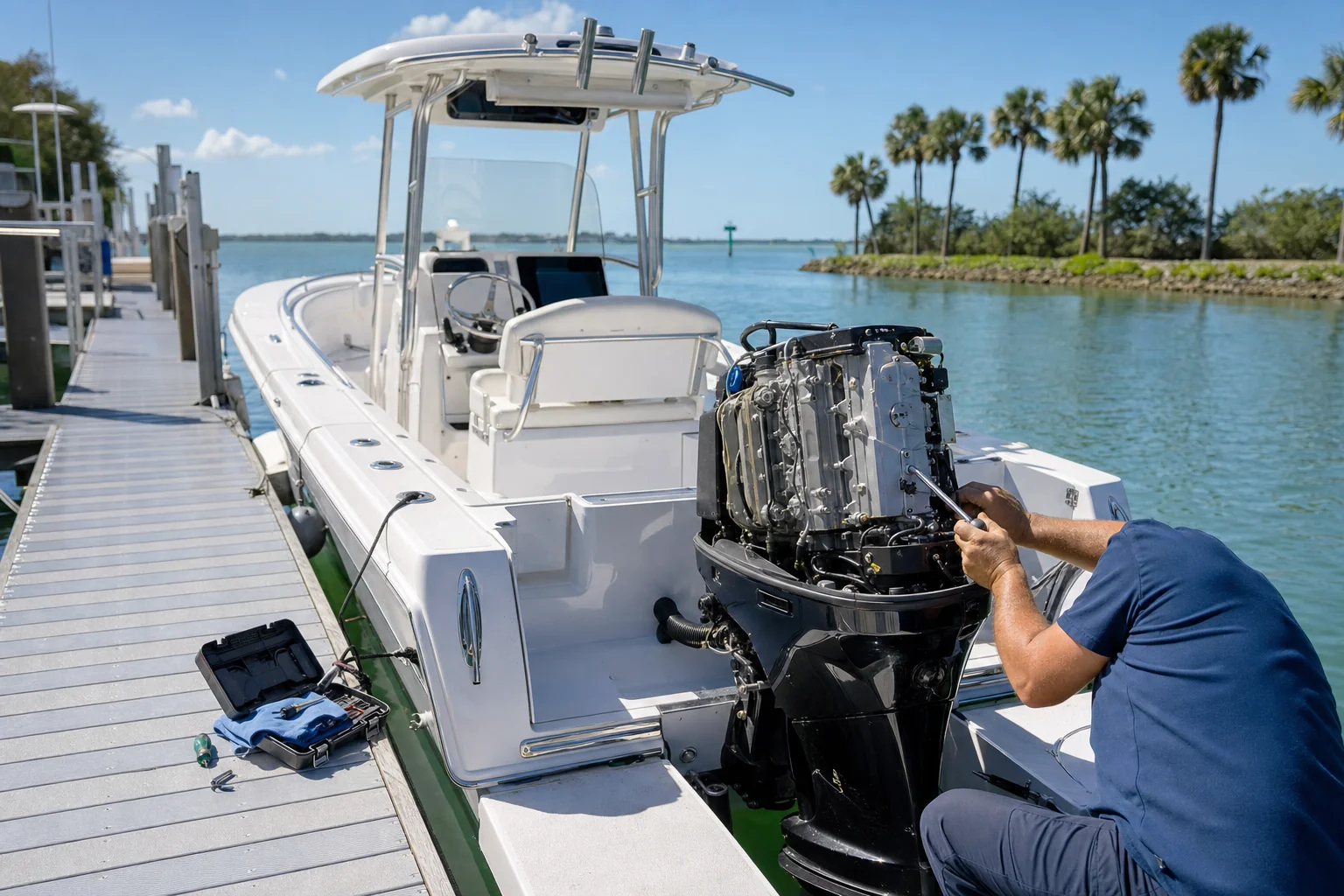 Mobile marine mechanic inspects outboard engine at Stuart marina dock with boat moored nearby.