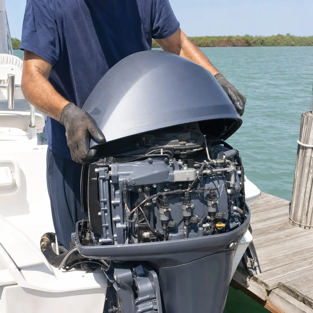 Mechanic in work gloves inspects open outboard engine at Stuart marina dock.