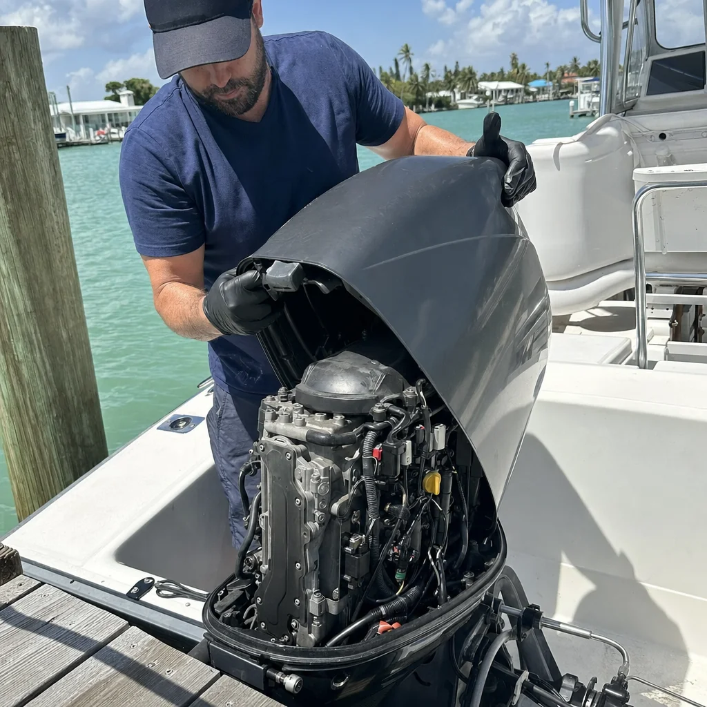 Mobile boat mechanic inspects outboard engine at Stuart marina dock with turquoise water backdrop.