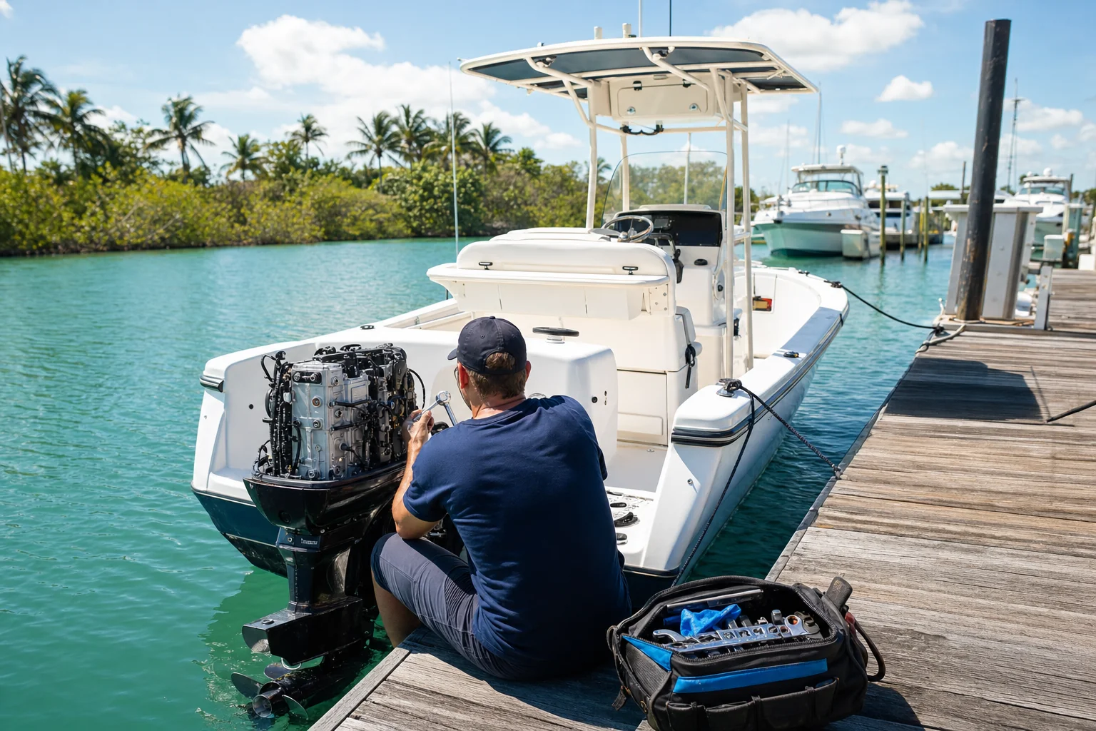 Marine mechanic performing outboard engine repair on boat at Stuart dock with mangroves and moored vessels visible.