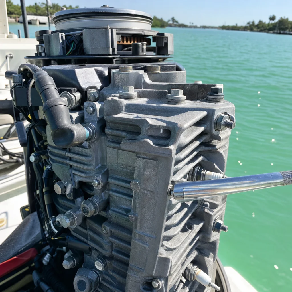 Outboard engine block and cylinder head detail mounted on boat at Stuart waterfront marina.