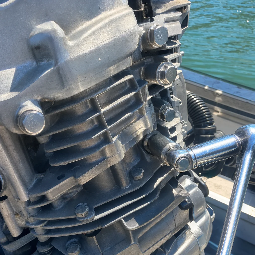 Outboard engine mounted on boat with water visible in background, bright sunlight highlighting metal components.