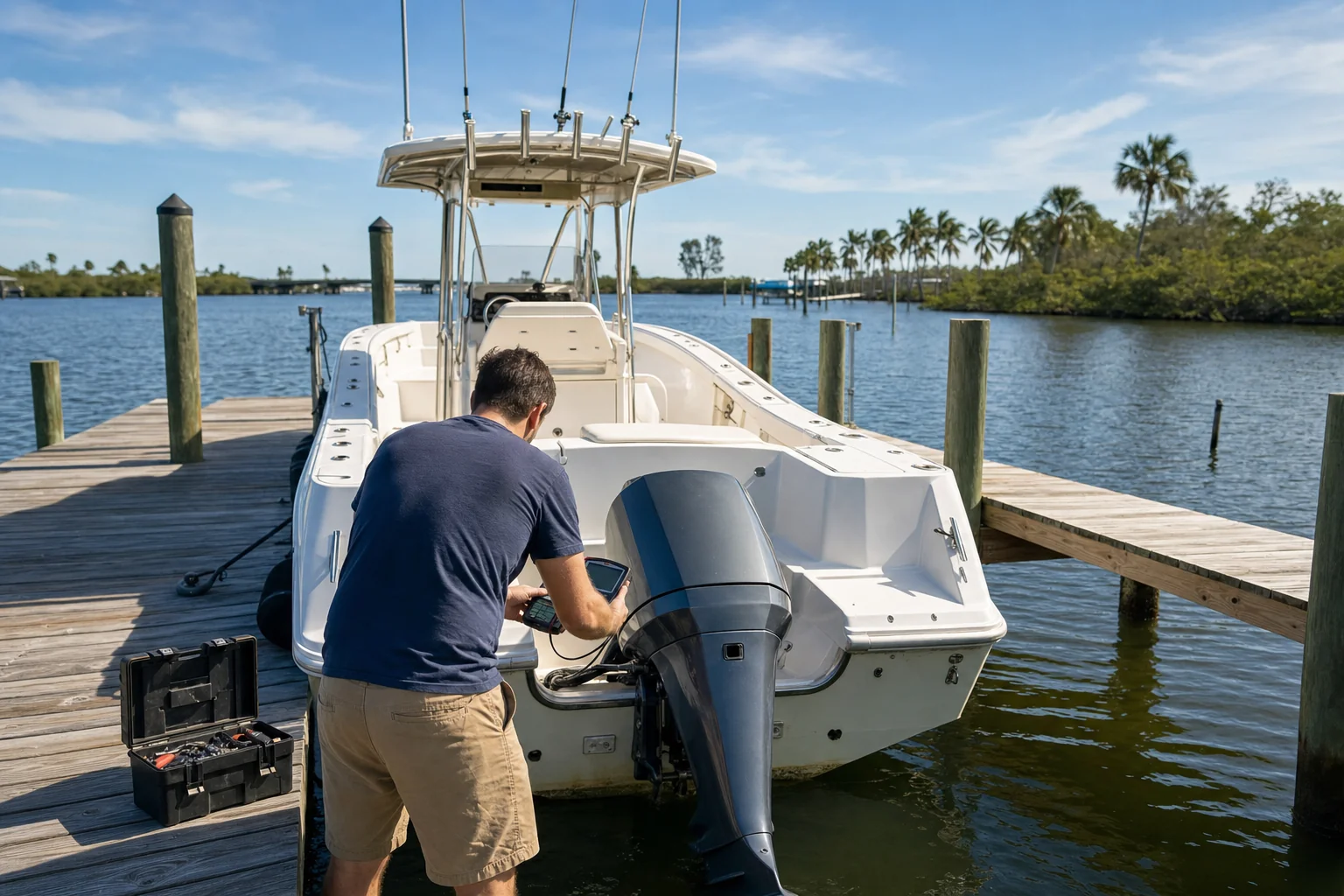Marine mechanic performs outboard engine diagnostic on boat at Stuart dock with moored vessel.