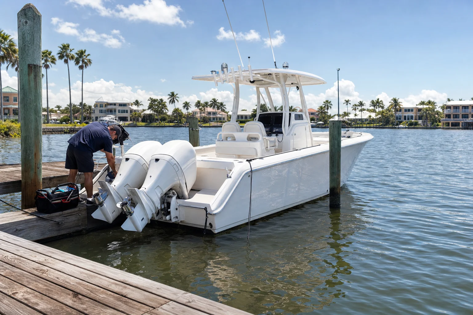 Mobile boat mechanic performing outboard engine diagnostics on dual-engine powerboat at Stuart marina dock.