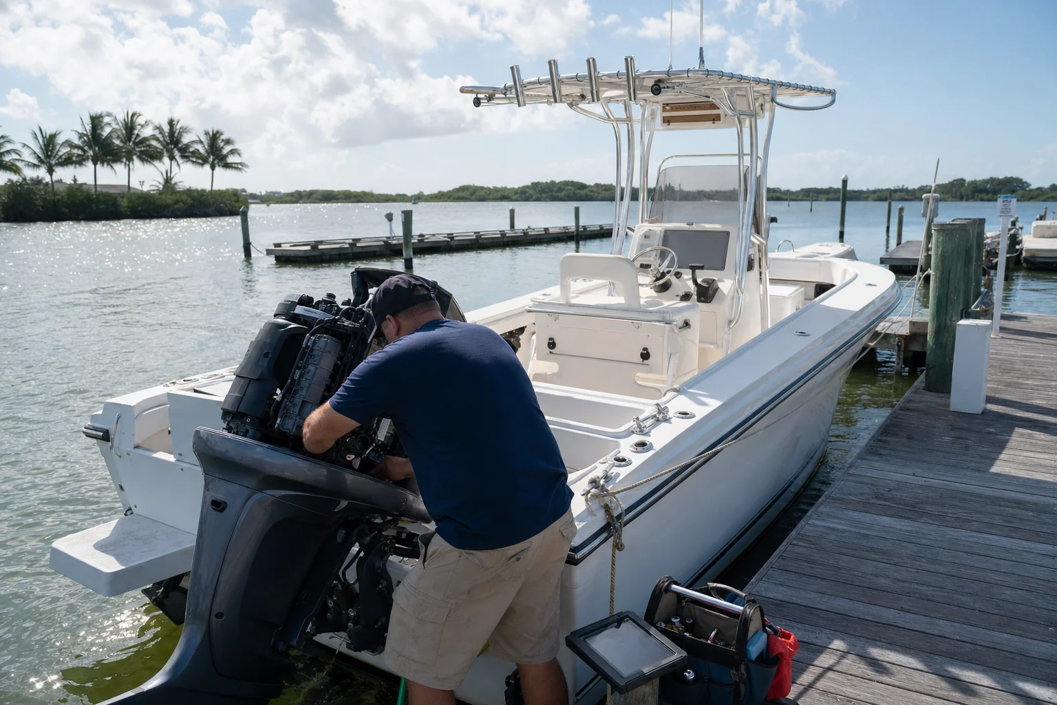 Mobile mechanic performs outboard engine diagnostics on recreational boat at Stuart marina dock.