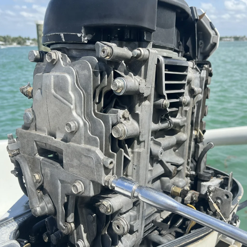 Outboard engine head detail with bolts and cooling passages visible at Stuart waterfront.