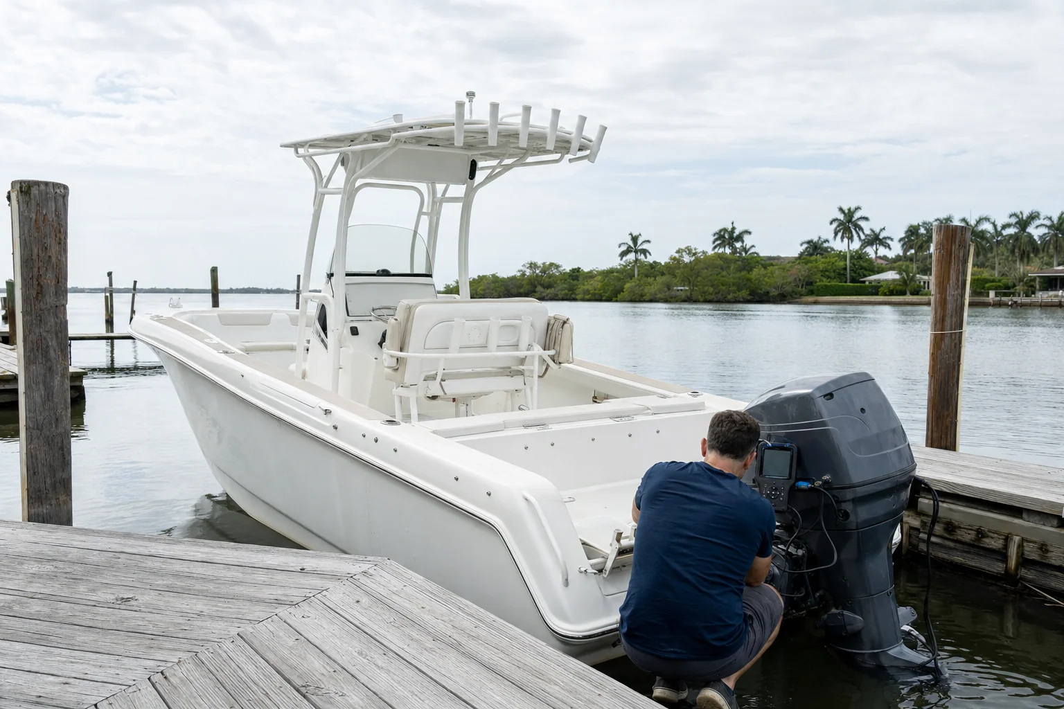 Mobile mechanic inspects outboard engine on recreational boat moored at Stuart marina dock.