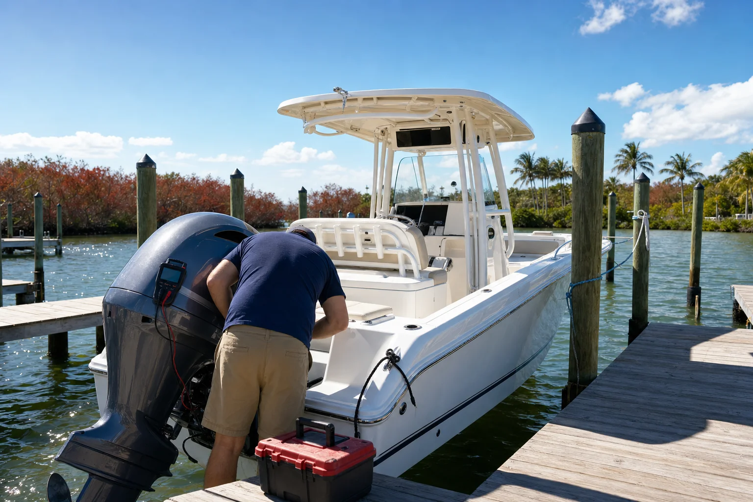 Mobile mechanic inspects outboard engine on center console boat at Stuart marina dock.