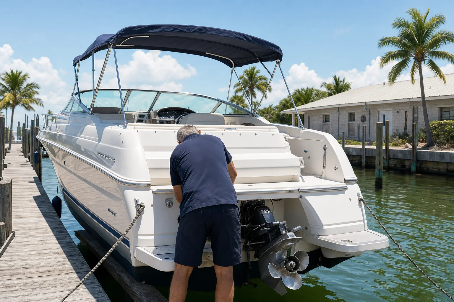 Mechanic inspects outboard engine on white boat moored at Stuart marina dock.