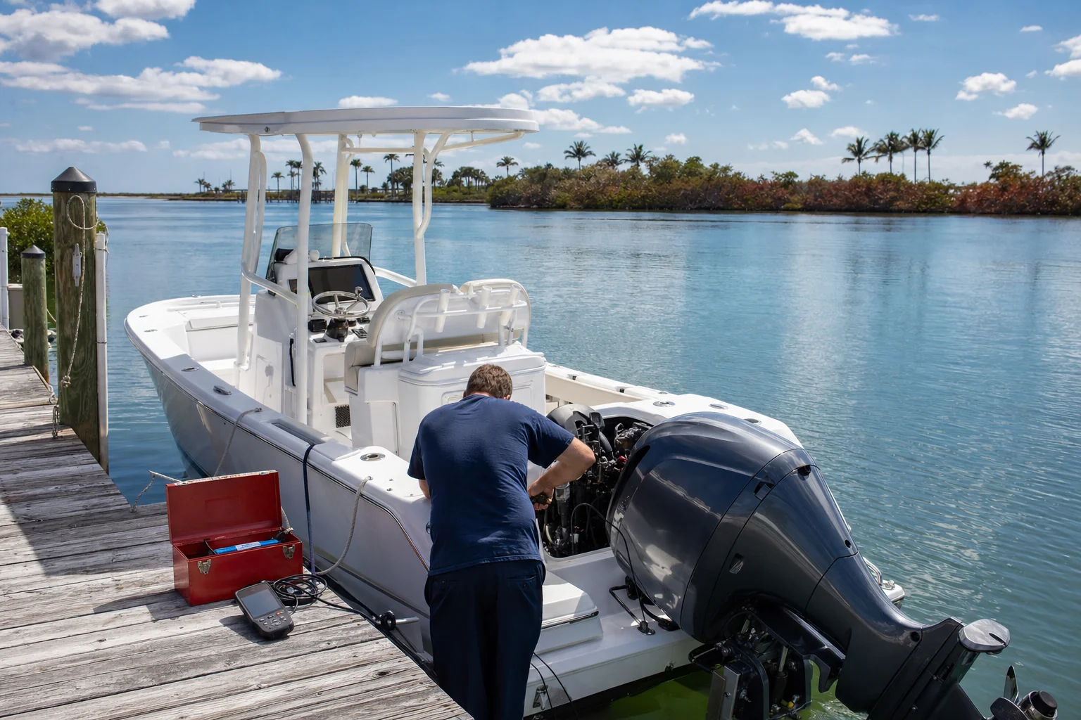 Mechanic working on outboard engine at Stuart marina dock with moored boat and palms.