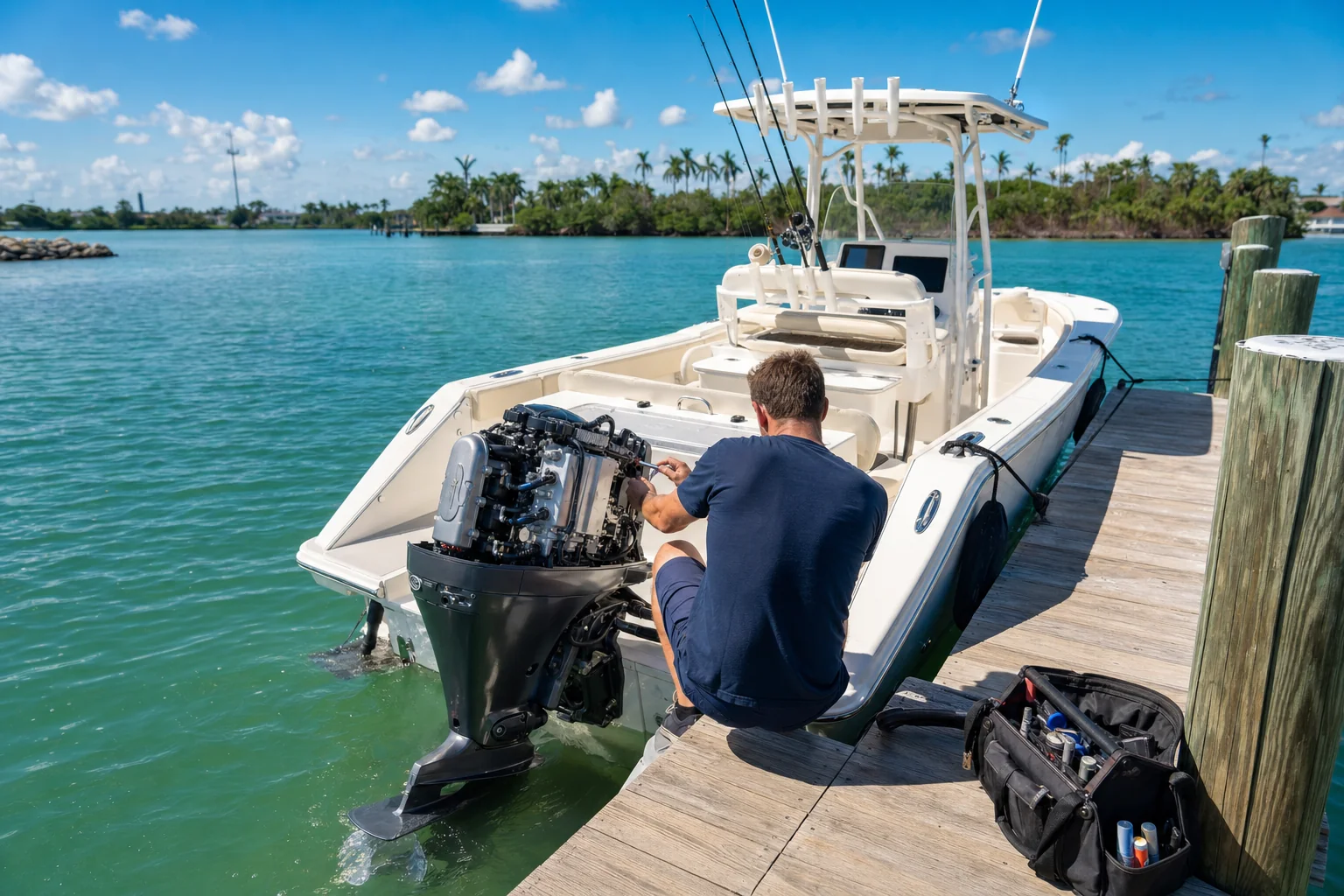 Mobile mechanic services outboard engine repair at Stuart marina dock with tools and diagnostic equipment.