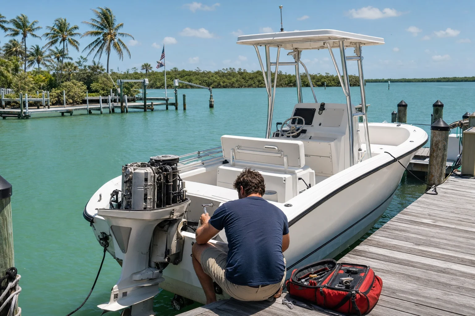 Mobile marine mechanic working on outboard engine at Stuart dock with turquoise water and palms.