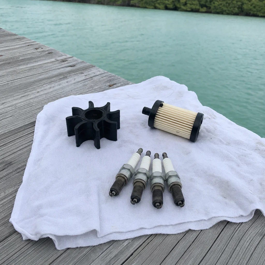Outboard engine maintenance parts displayed on dock: impeller, fuel filter, and spark plugs.