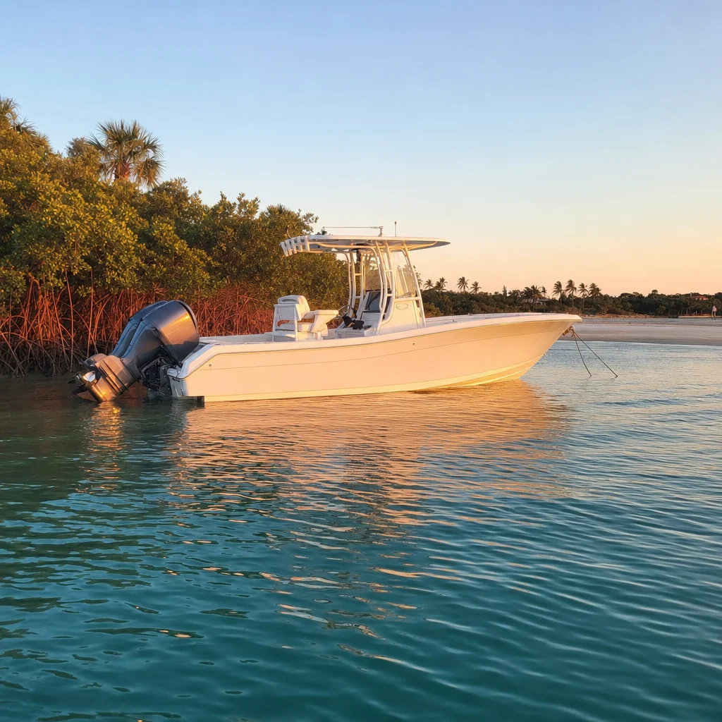 Recreational powerboat moored in shallow water with outboard engine visible at golden hour, mangrove shoreline in background.