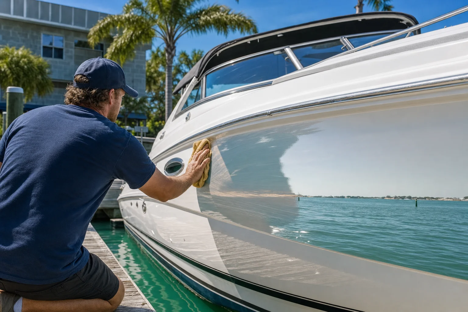 Mechanic polishing boat hull at Stuart marina dock under bright Florida sun.
