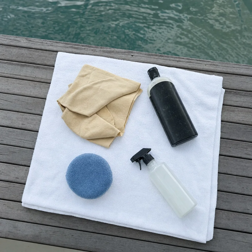 Boat detailing supplies arranged on dock: microfiber cloth, spray bottles, and cleaning pad with water visible.