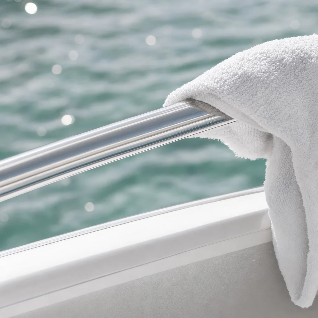 White towel draped over boat railing with calm turquoise water and sunlight reflections in background.