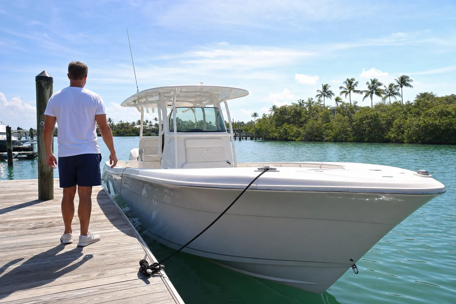 Person inspecting recreational powerboat moored at dock with mangrove shoreline and palms visible.