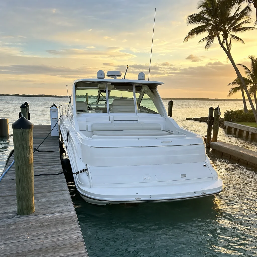 White recreational powerboat moored at wooden dock in Stuart marina at golden hour with palm trees.