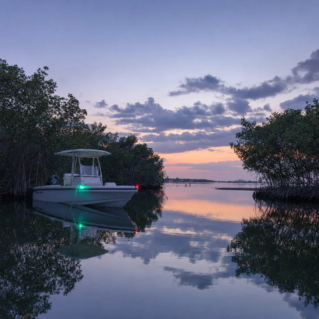 Center console boat moored in mangrove channel at dusk with navigation lights on.