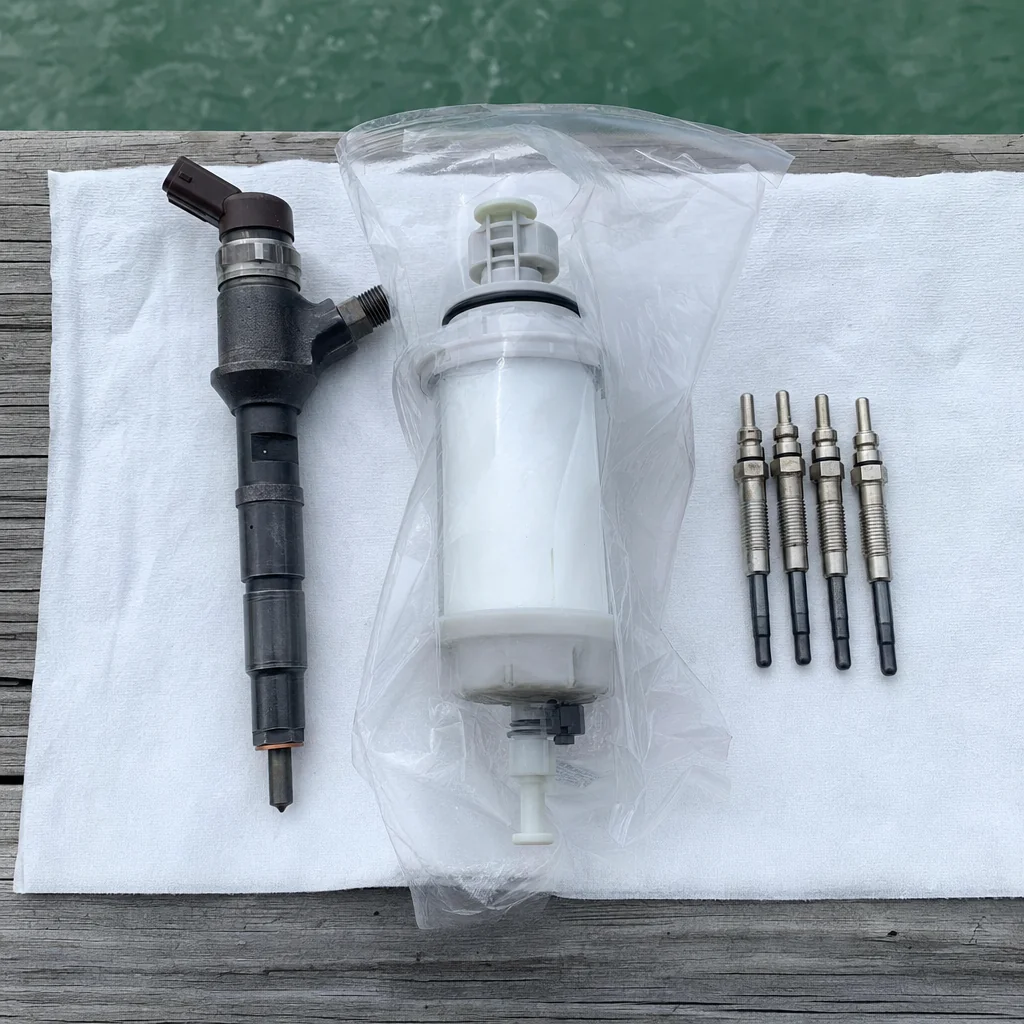 Diesel fuel injector, filter, and glow plugs laid out on dock before marine engine service.